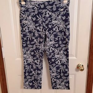 Capris, Navy Blue and white.  Machine wash inside out.  Cold, tumble dry or hang